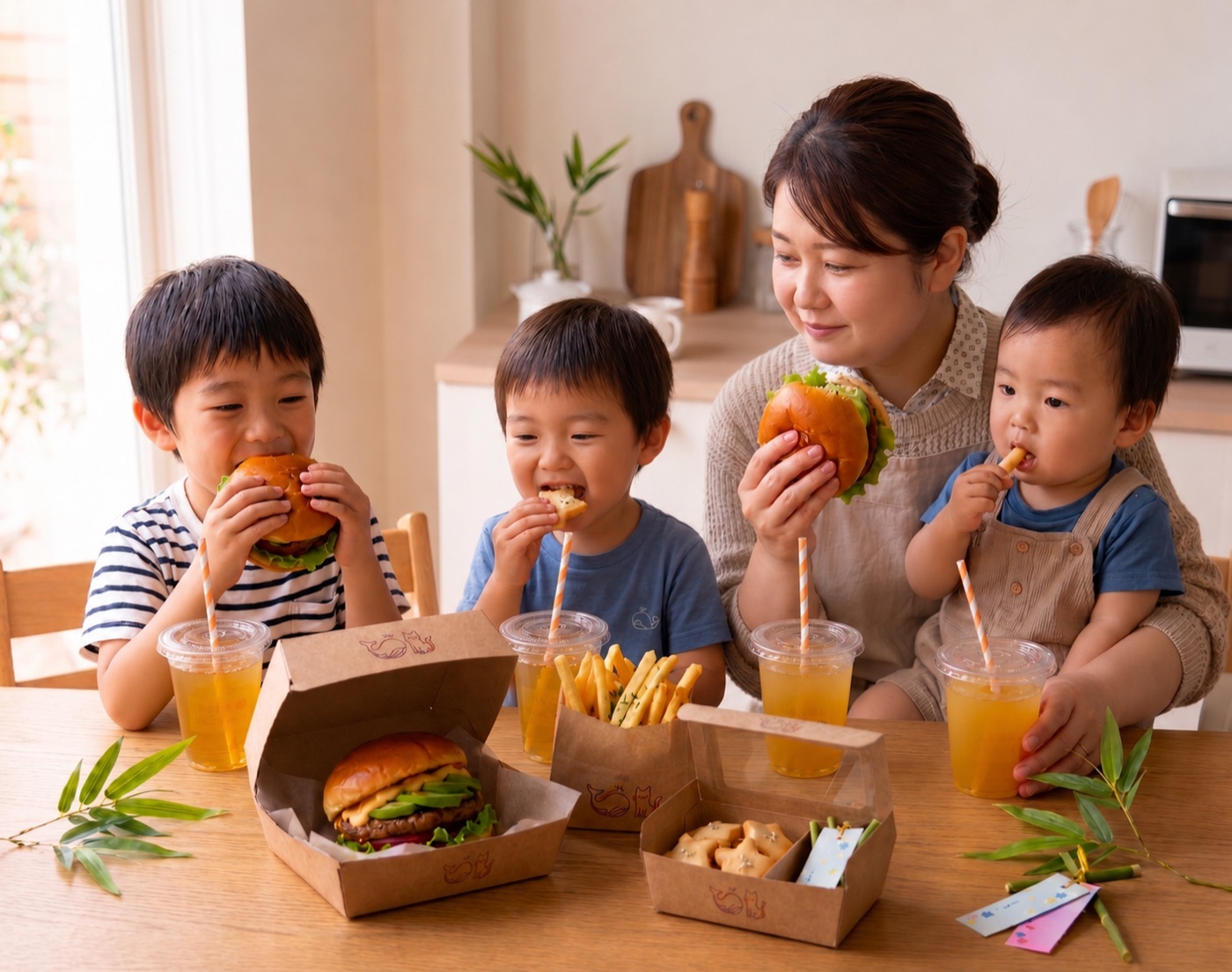バーガーを頬張る家族とくつろぐお母さん